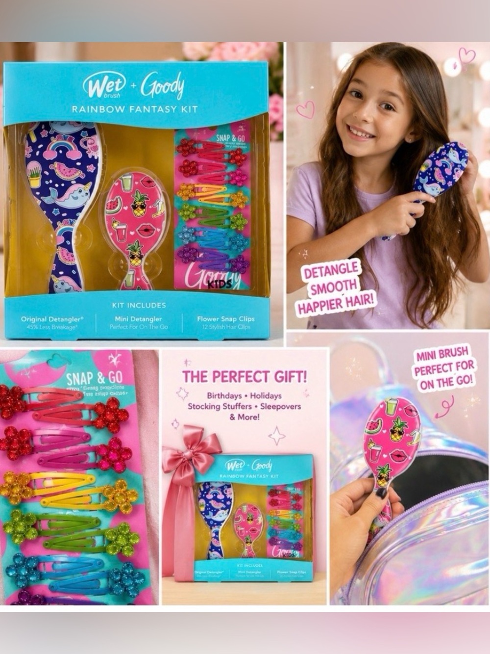 NWT Wet Brush Rainbow Fantasy Kit Kids Unicorn Brush & Hair Clips Gift Set